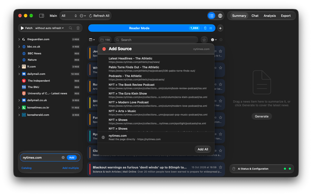 Adding nytimes.com: the feeds found on the site, and 'Read the page directly' at the bottom.