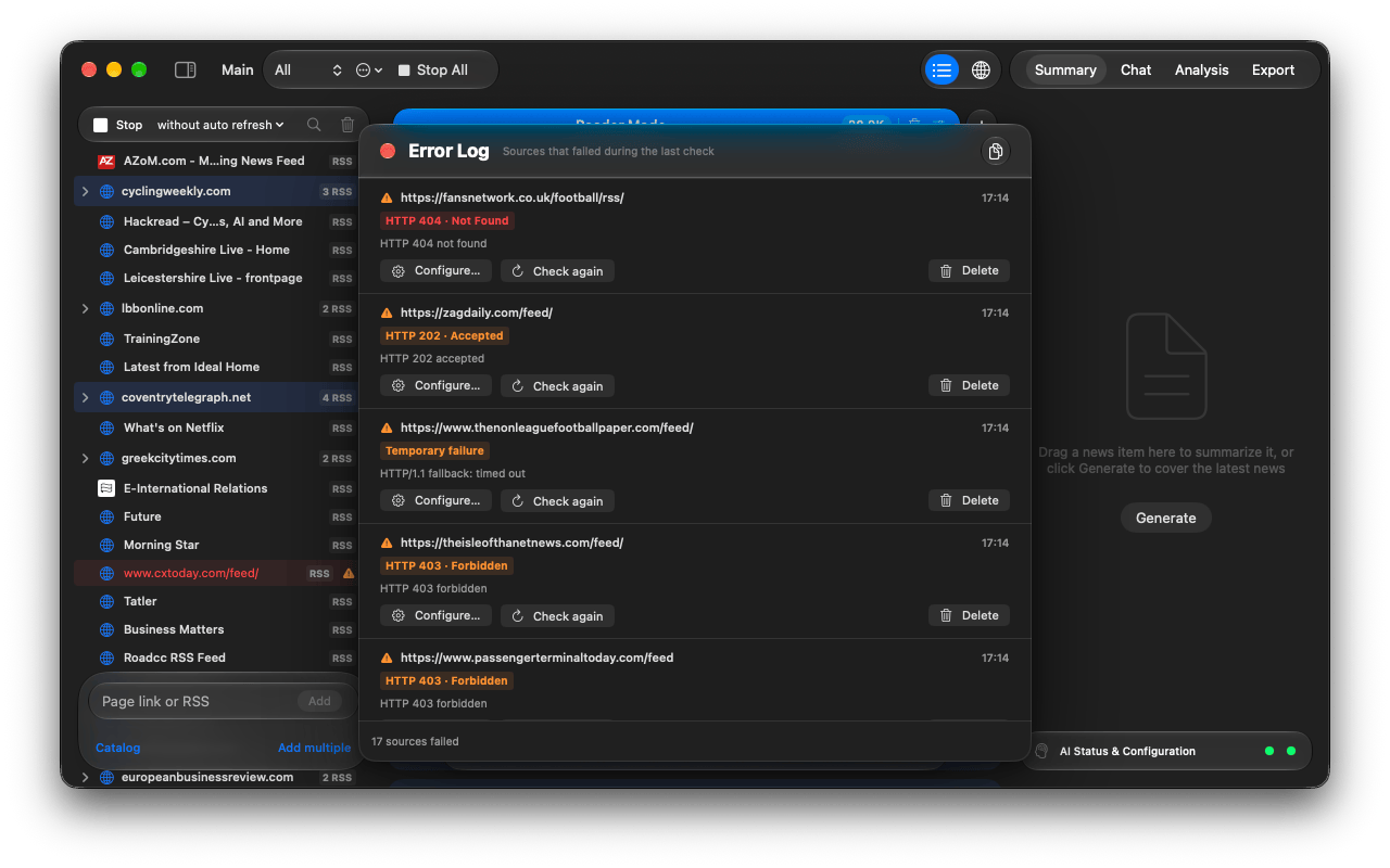 The Error Log lists failed sources with the reason and buttons to fix them.
