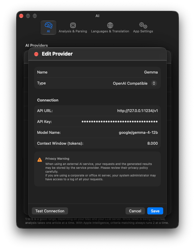 A provider for a model served by LM Studio on the same Mac.
