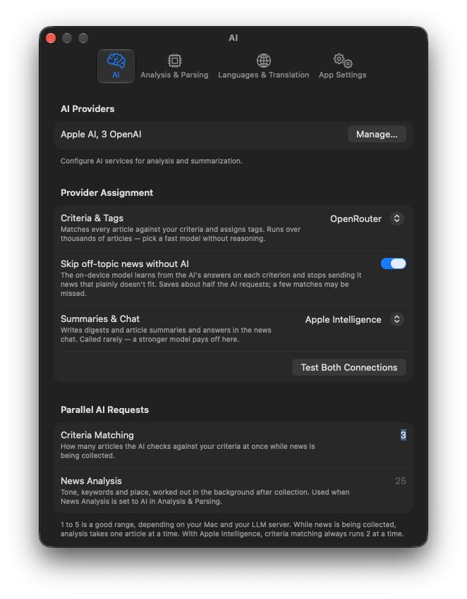 Settings → AI: providers, which provider does which job, and how many requests run at once.